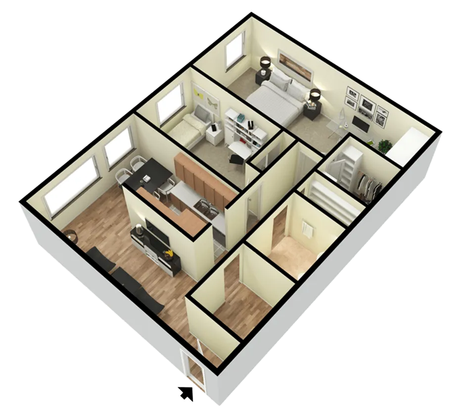 Eastgate Apartments 3D floor plan of an apartment with three bedrooms, one bathroom, a living room, and a kitchen with a dining area.