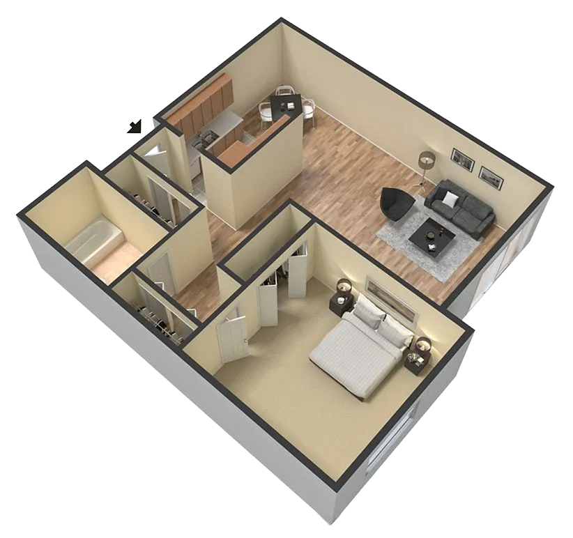 Eastgate Apartments 3D floor plan of an apartment showing a bedroom, a bathroom, a living room, and a kitchen.