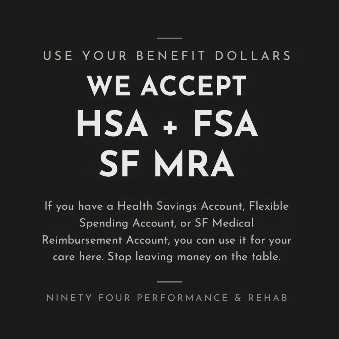 Your benefits pay for this.

Ninety Four now accepts HSA, FSA, and SF MRA. If cost is what has been keeping you from getting your pain handled, check what is sitting in those accounts first.

One note on SF MRA: it works by reimbursement. You pay as 