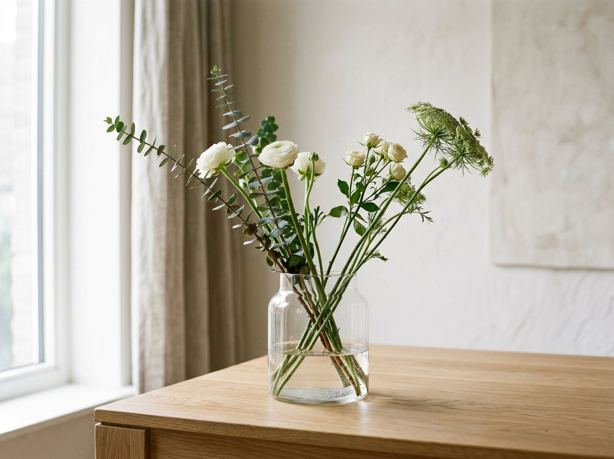 A glass vase with assorted white flowers and green foliage, placed on a wooden table near a window.