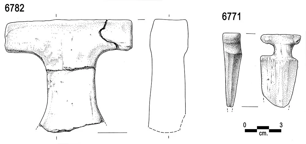 Sample object Illustration by Andrew Boyce: Fragments of a clay model axe and dagger. Museum of Fine Arts, Boston 