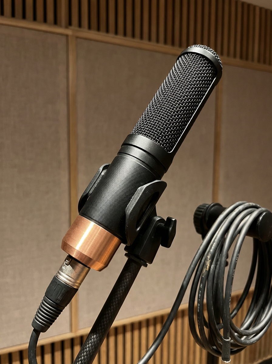 A professional condenser microphone mounted on a stand with a coiled cable, in a recording studio with wooden panels.