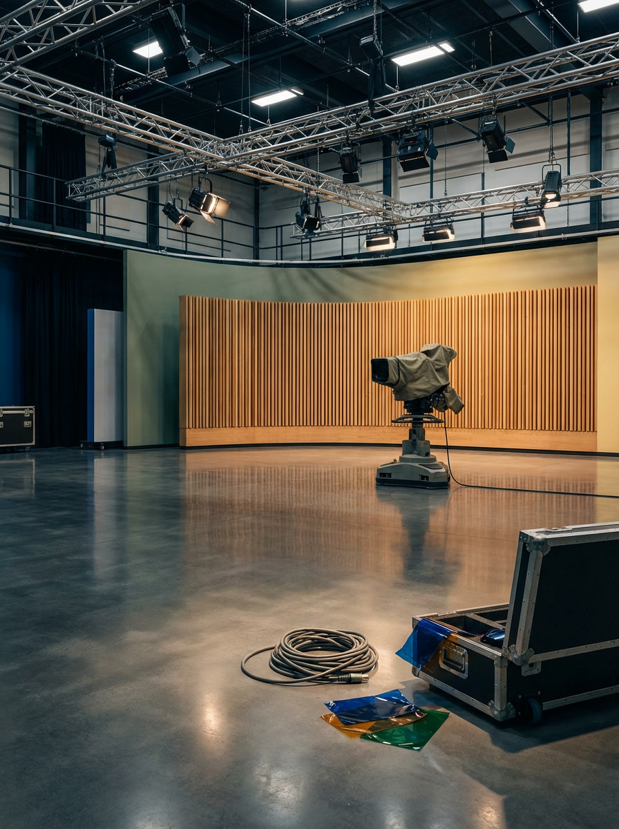 Television studio with camera, lighting, and equipment on a polished floor, featuring a wooden panel backdrop.