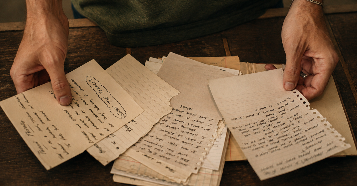 Person organizing handwritten notes and papers on a wooden table.