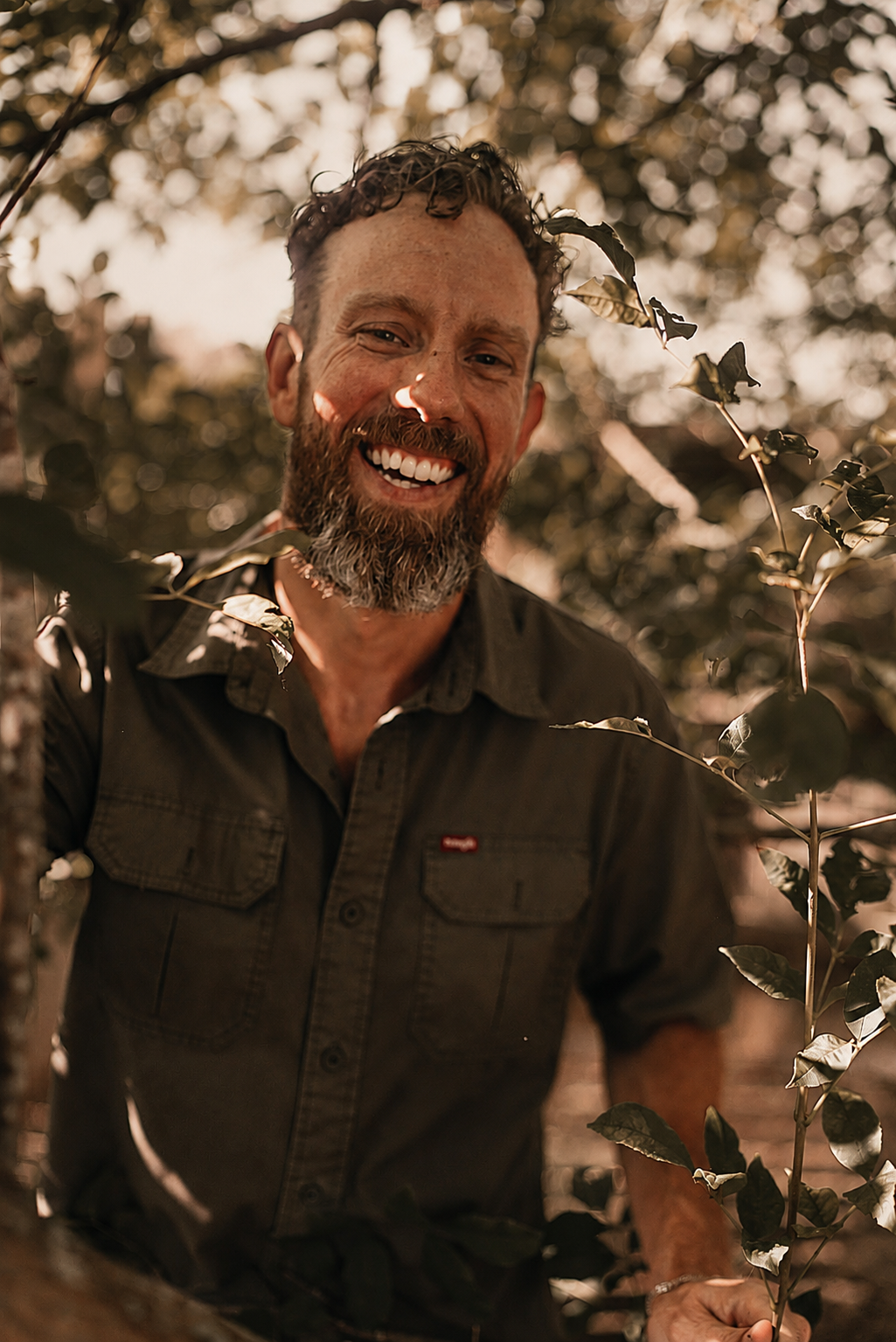 A smiling man with a beard and curly hair outdoors, surrounded by green leafy plants and trees with sunlight filtering through.