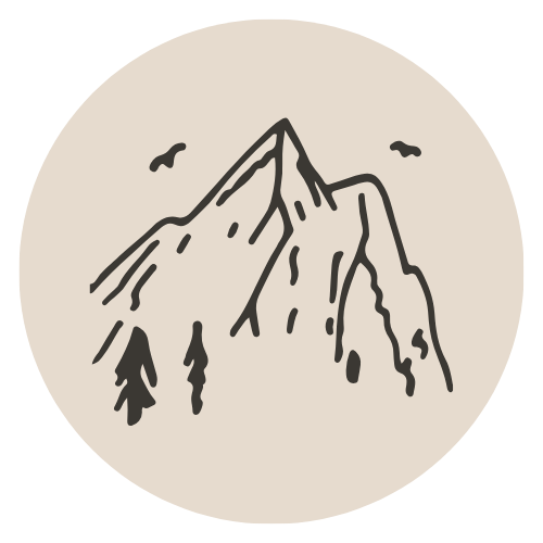 Line drawing of a mountain with two birds flying above and pine trees at the base.