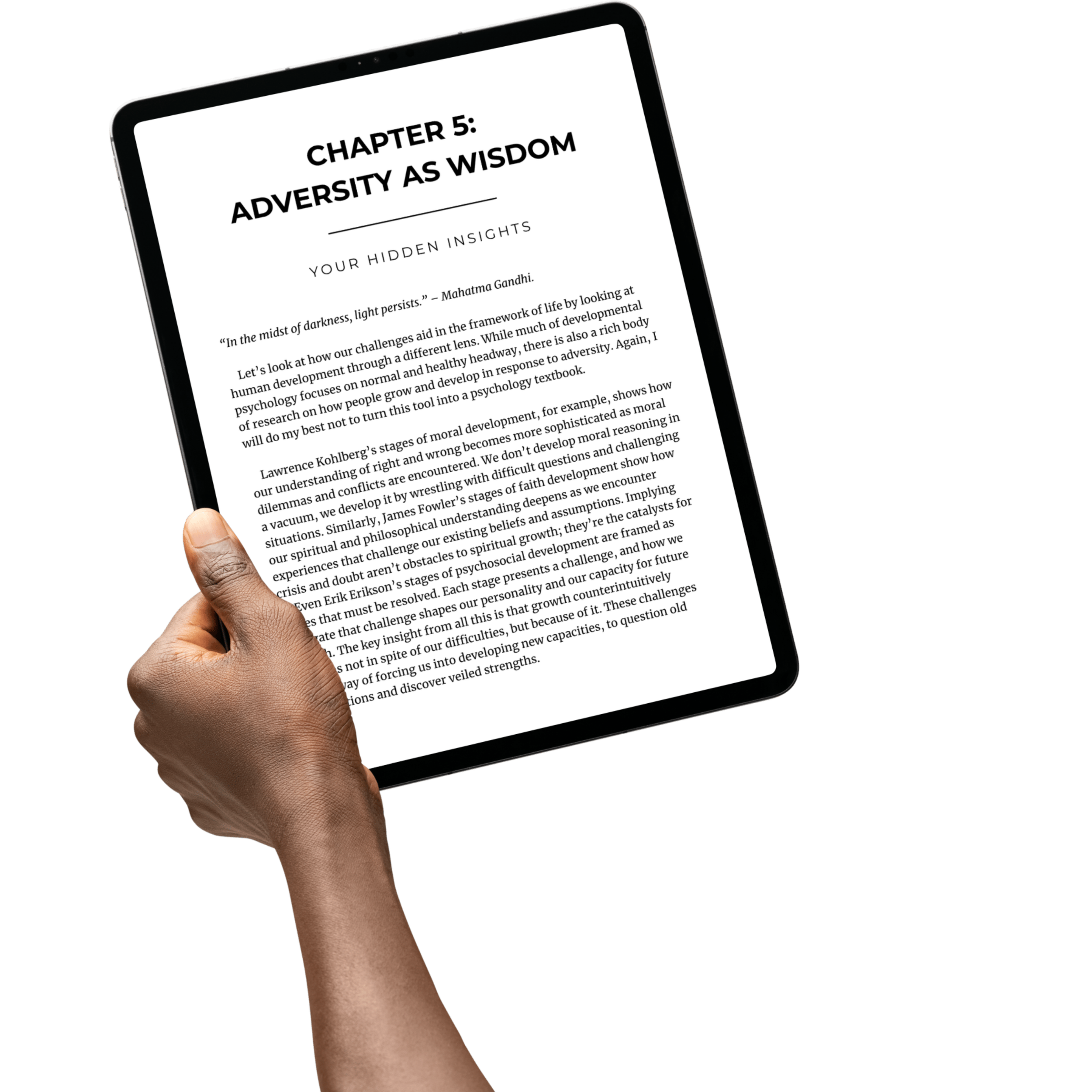 Hand holding a tablet displaying a page from a psychology textbook, titled 'Chapter 5: Adversity as Wisdom'.