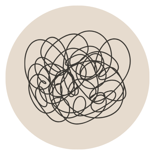 A beige circular background with black tangled scribbles in the center.