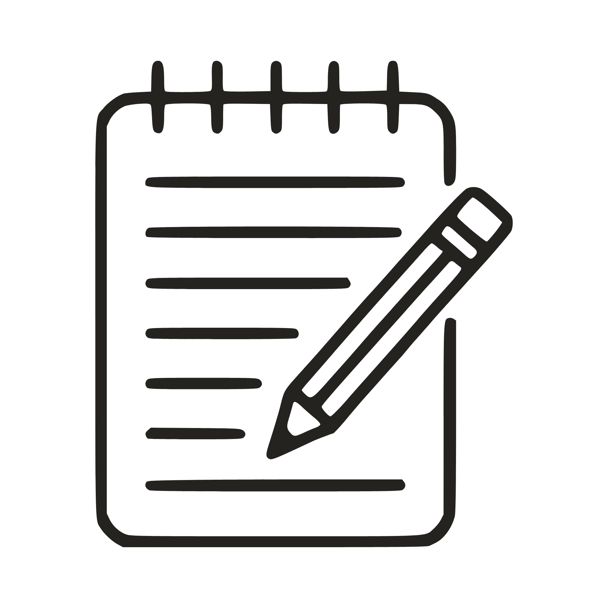Line drawing of a lined notepad with a pencil in the bottom right corner.