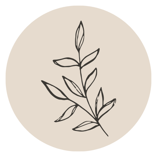 Simple line drawing of a plant with multiple leaves in a beige circle background.