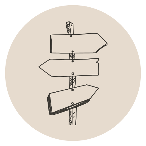 Line drawing of a signpost with three blank directional arrows pointing in different directions.