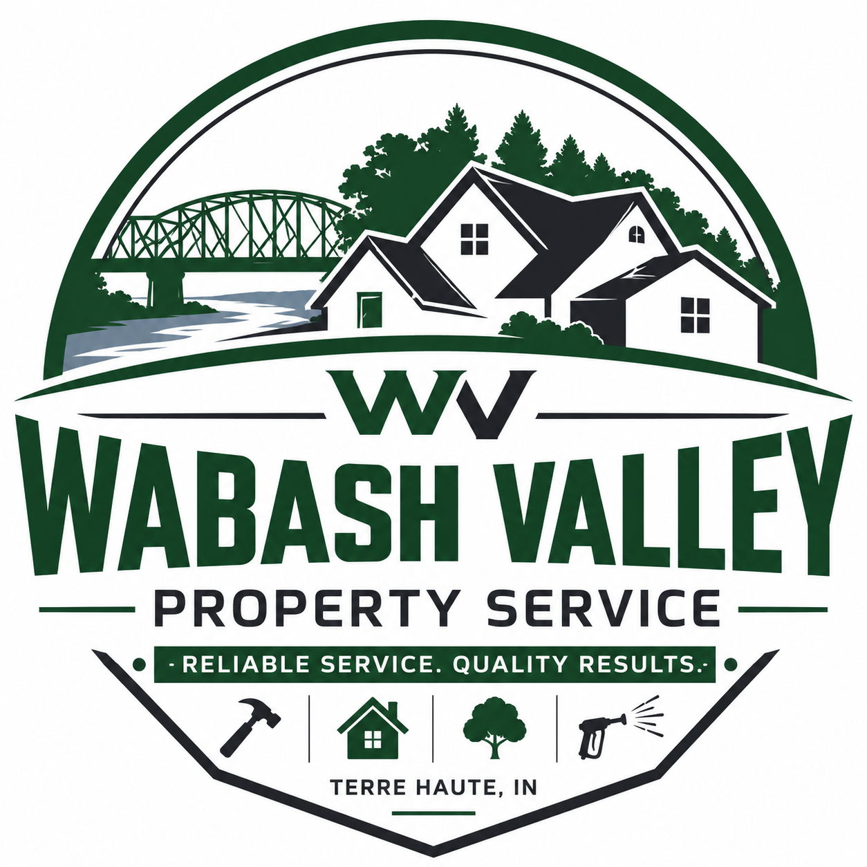 Logo for Wabash Valley Property Service featuring a house, trees, and a bridge with slogan 'Reliable Service, Quality Results' and icons of a hammer, a house, a tree, and a spray nozzle, located in Terre Haute, Indiana.