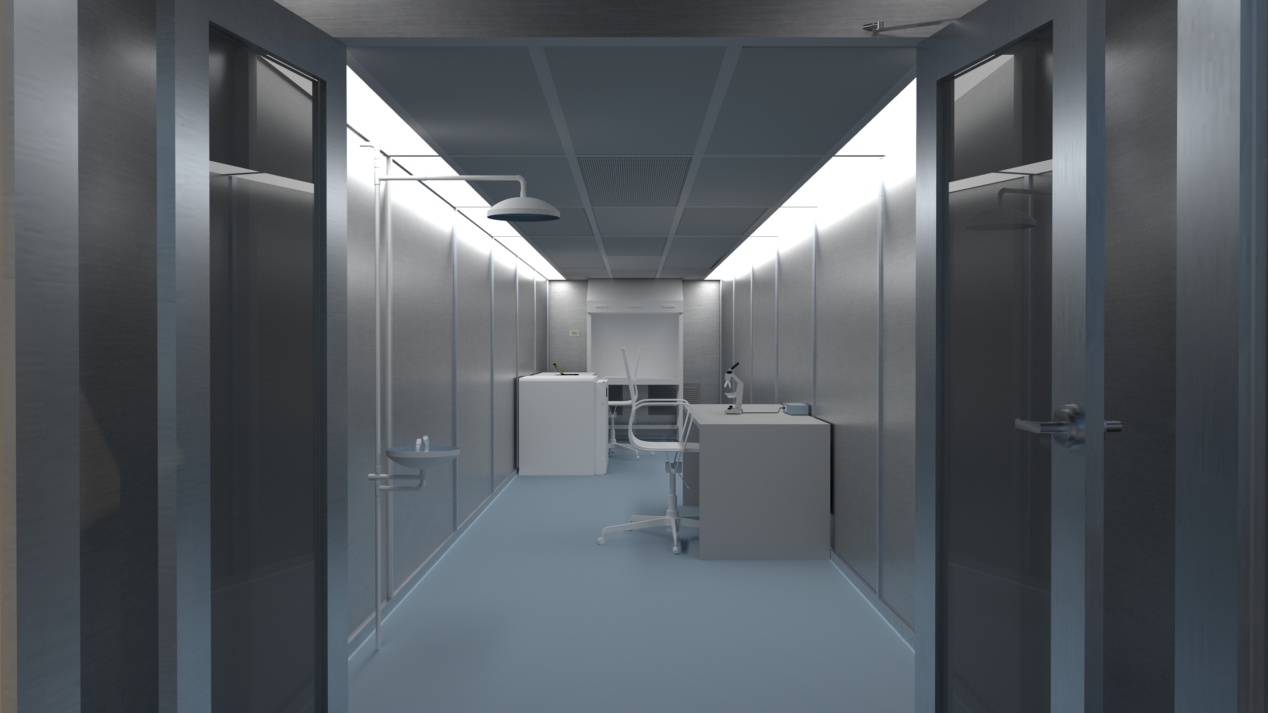 A scientific laboratory with lab equipment including microscopes, a chair, and cabinets, in a sterile environment.