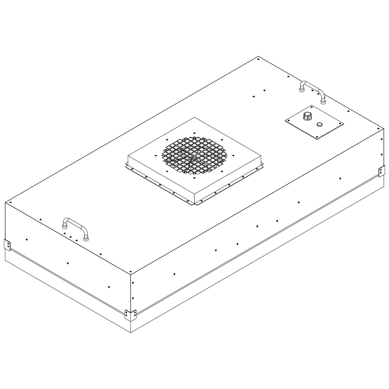 Isometric drawing of an industrial HVAC unit with a vent and control panel.