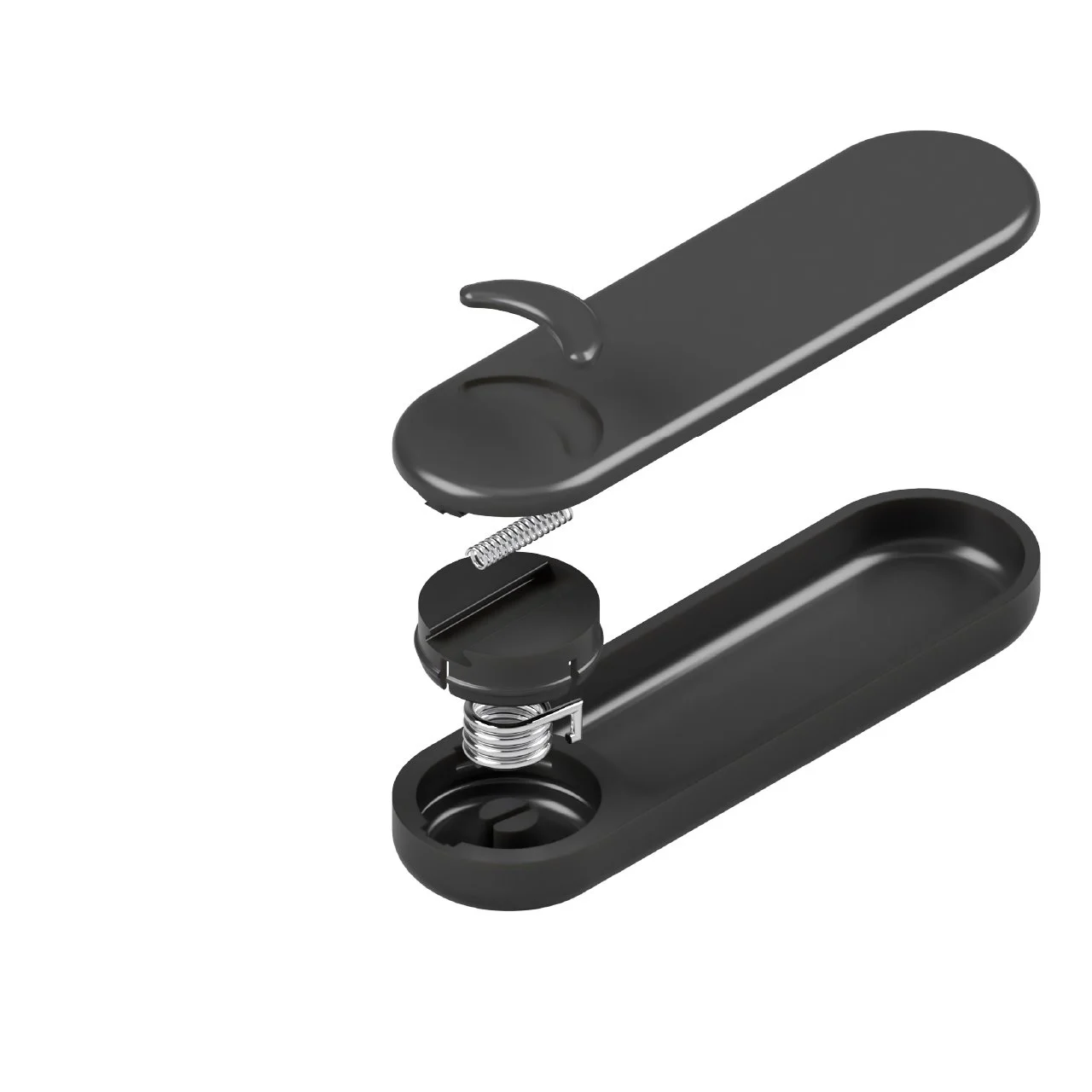Disassembled black plastic electronic device with spring, latch, and internal components.