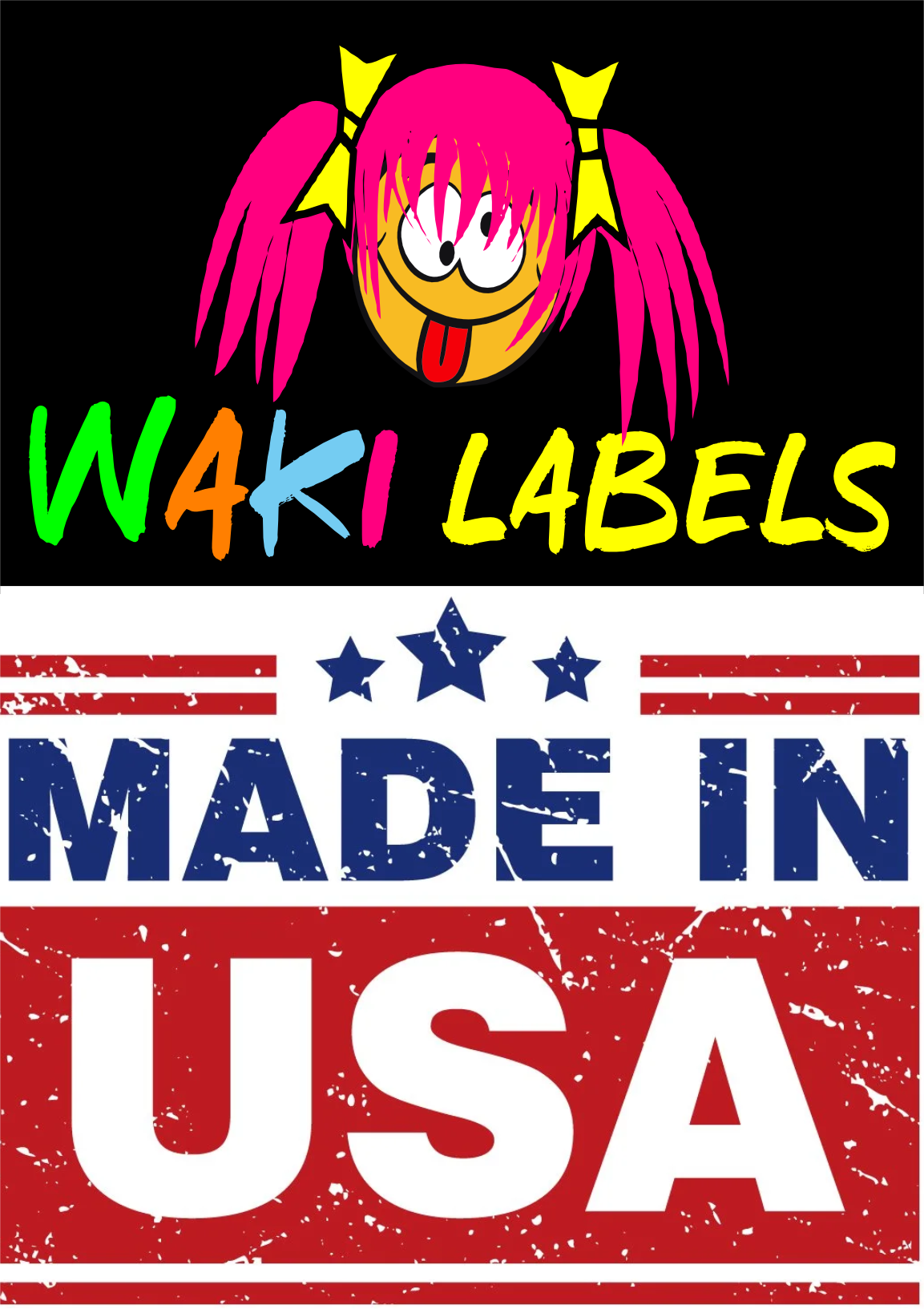 A colorful logo for Waki Labels featuring a cartoon girl with pink hair sticking her tongue out. The words "Waki Labels" are in multicolored, playful font below the girl. The lower part of the image displays a vintage distressed American flag design with the text "Made in USA" in large blue and red letters.