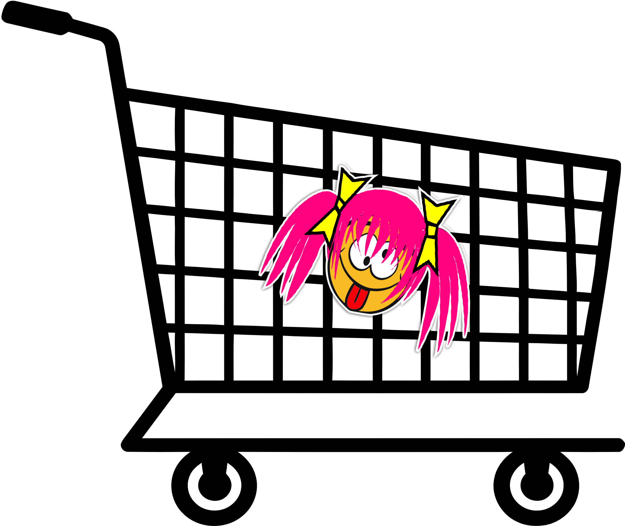 Cartoon of a girl with pink hair, yellow bows, big white eyes, and an open mouth on a black background.