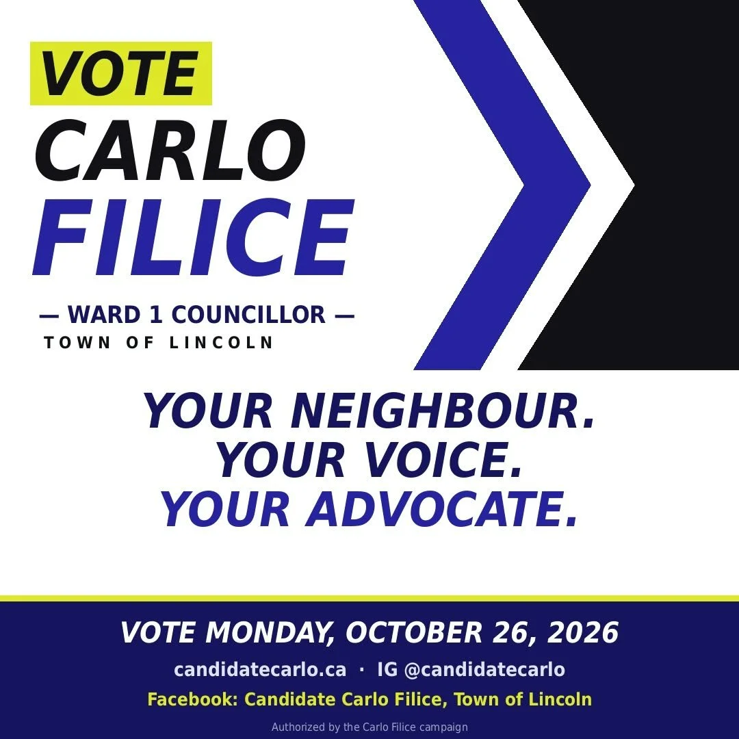 A campaign poster for Carlo Filice running for Ward 1 councillor in Lincoln. The poster features bold text with the word "VOTE" highlighted in yellow and the candidate's name in large black and blue letters. It includes the slogan "Your neighbour. Your voice. Your advocate." and election date October 26, 2026. Additional details include a website, Instagram handle, and Facebook page.