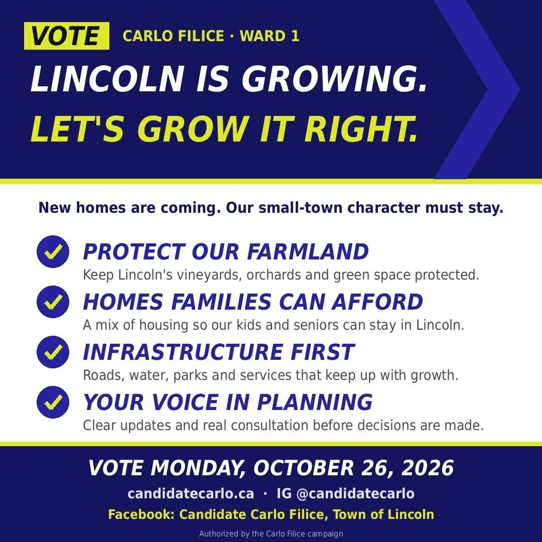 Political campaign flyer for Carlo Filice running for Ward 1 in Lincoln, emphasizing growth, protection of farmland, affordable homes, infrastructure, and community input, with voting date October 26, 2026.