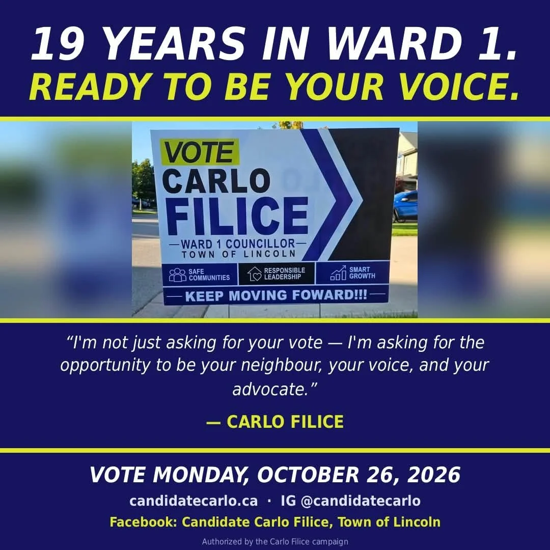 Campaign sign for Carlo Filice for Ward 1 Councillor in Lincoln, promoting voting on October 26, 2026. The sign highlights themes of safe communities, responsible leadership, and smart growth, with a slogan to keep moving forward.