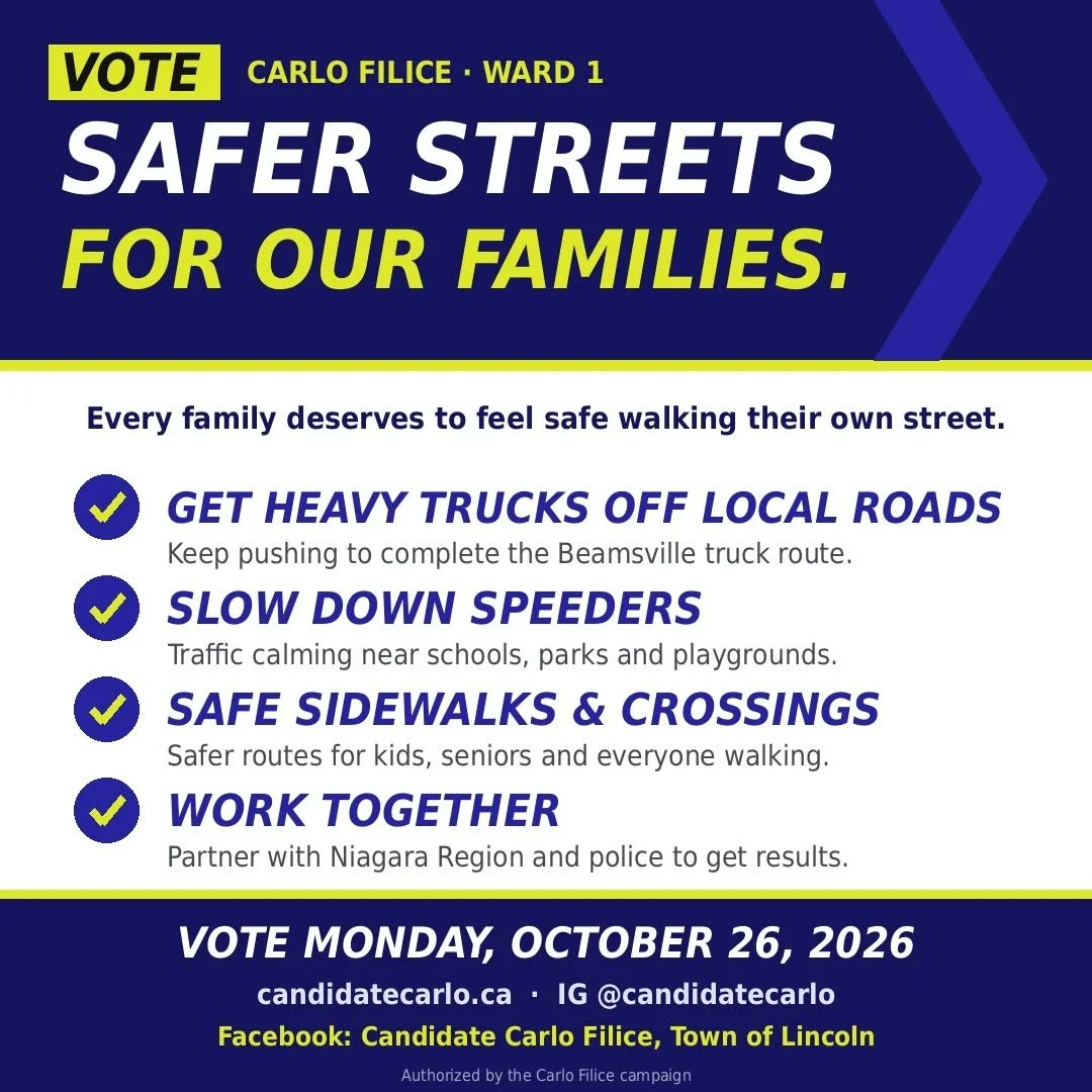 Political campaign flyer for Carlo Filice supporting safer streets, with slogans and voting date, including a list of initiatives for traffic safety and a call to vote on October 26, 2026.