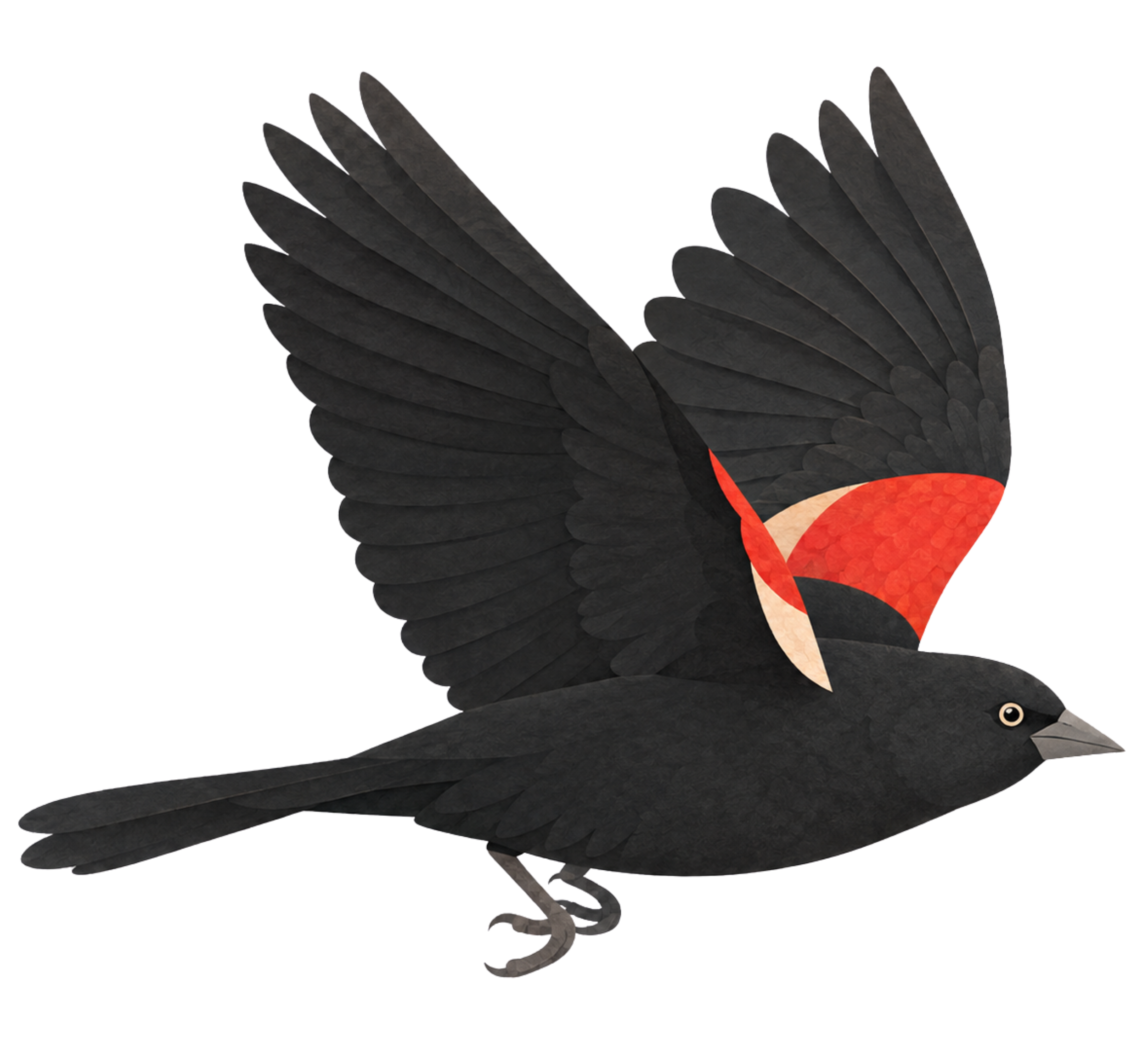 side-wings-up-legs.png Illustrated blackbird flying in side profile with raised wings and feet visible.