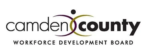 Camden County Workforce Development Board logo with stylized text and graphic element.