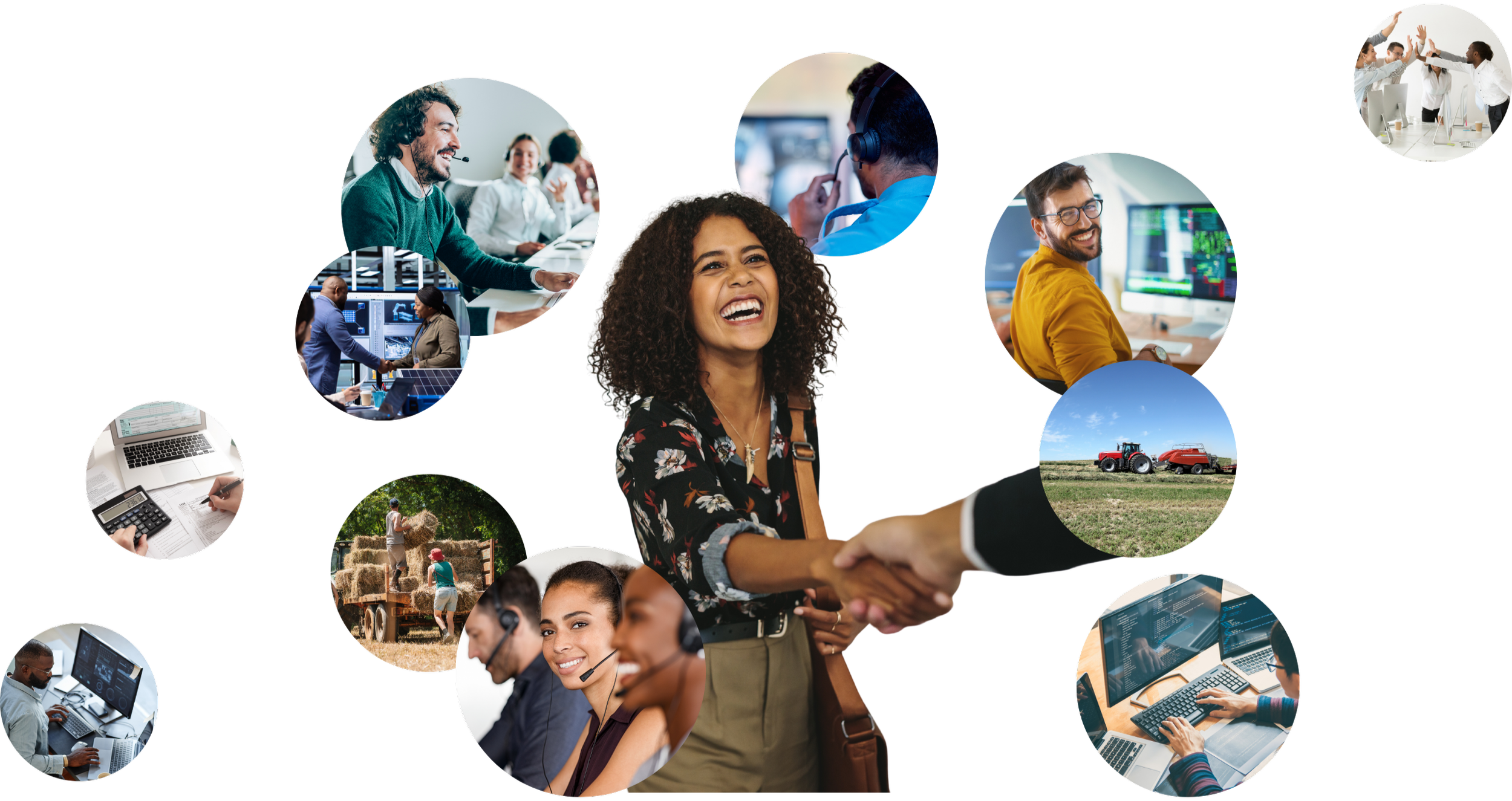 Collage of people working, farming, and using technology, connected with an image of a woman shaking someones hand in the center indicating many career opportunities.