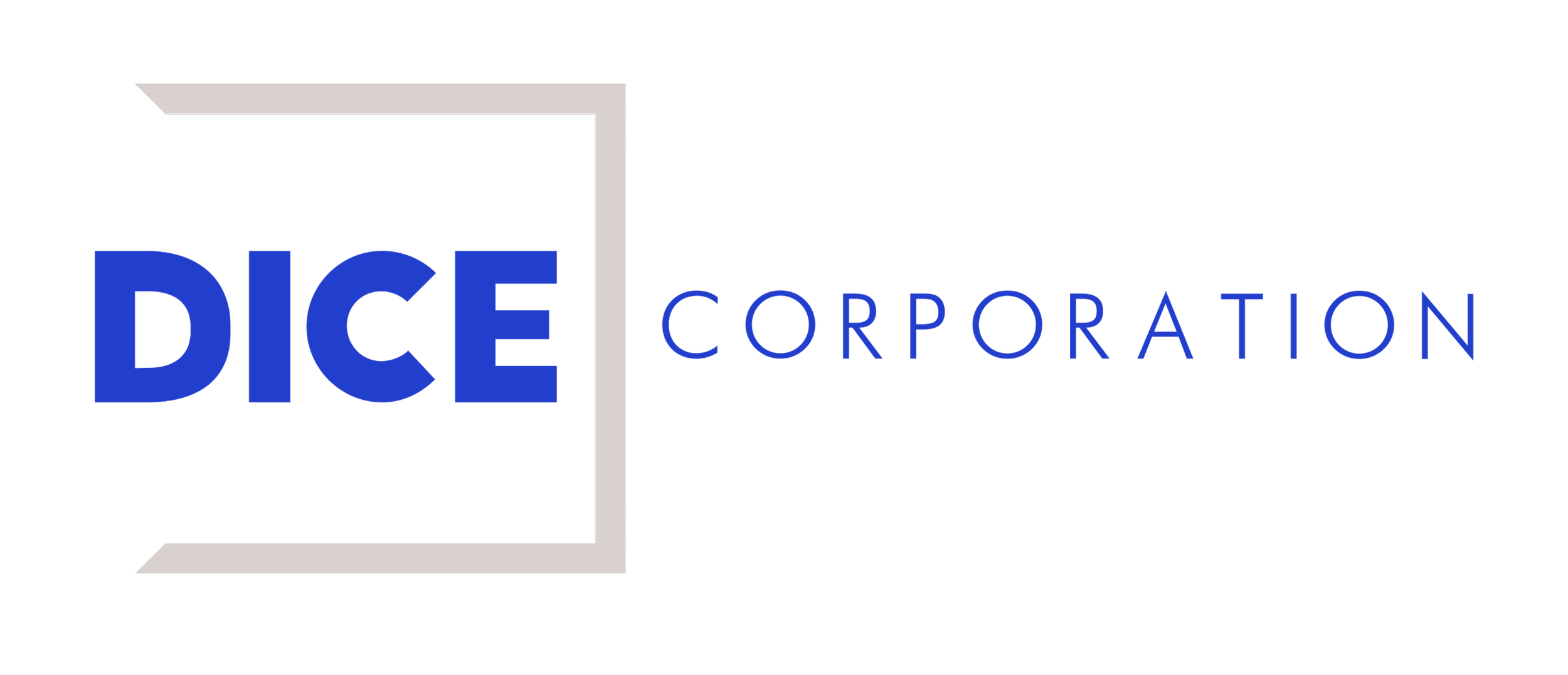 Logo of DICE Corporation with the word DICE in bold blue letters, a gray border around the letters, and the word CORPORATION in blue on the right.