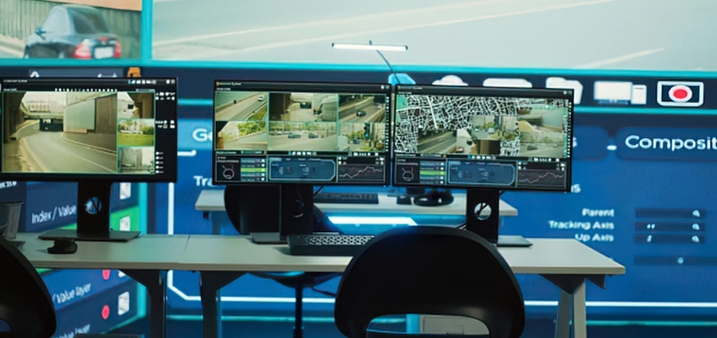 Control room with multiple monitors displaying footage from traffic cameras and data analytics, with a view of a city street through a large window.