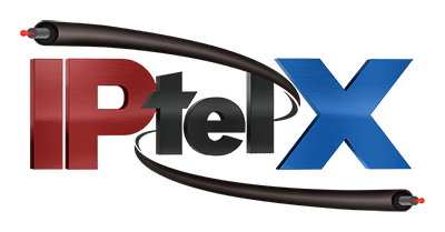 Logo of PtelX with a black cable passing through the text, featuring a red 'IP', black 'tel', and a blue 'X'.