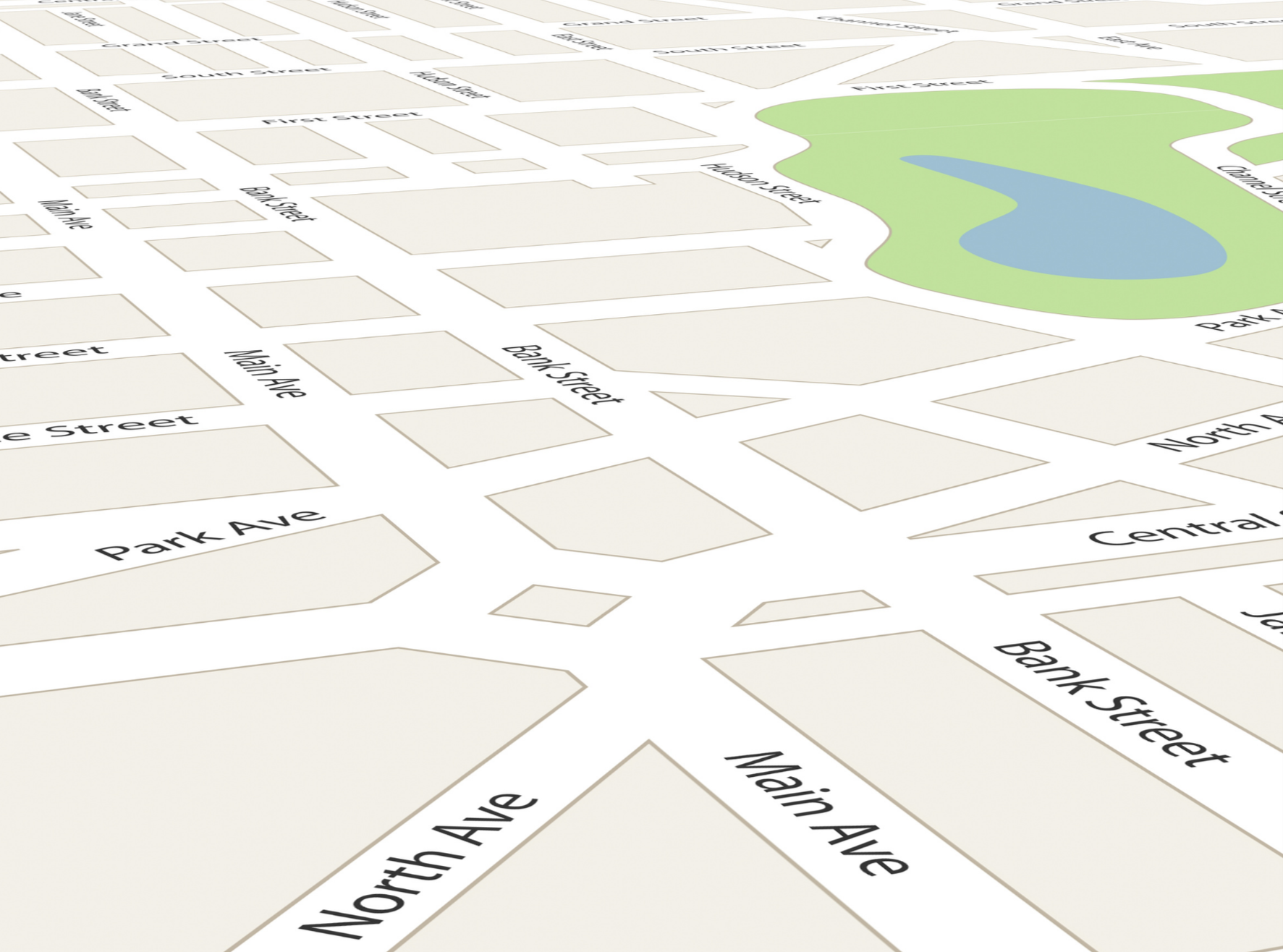 A map showing street layouts with labeled roads and a park area with a pond.