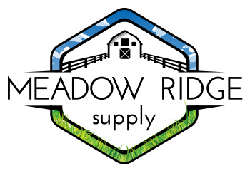 Meadow Ridge Supply logo featuring a white barn inside a hexagonal badge with blue sky and green grass.
