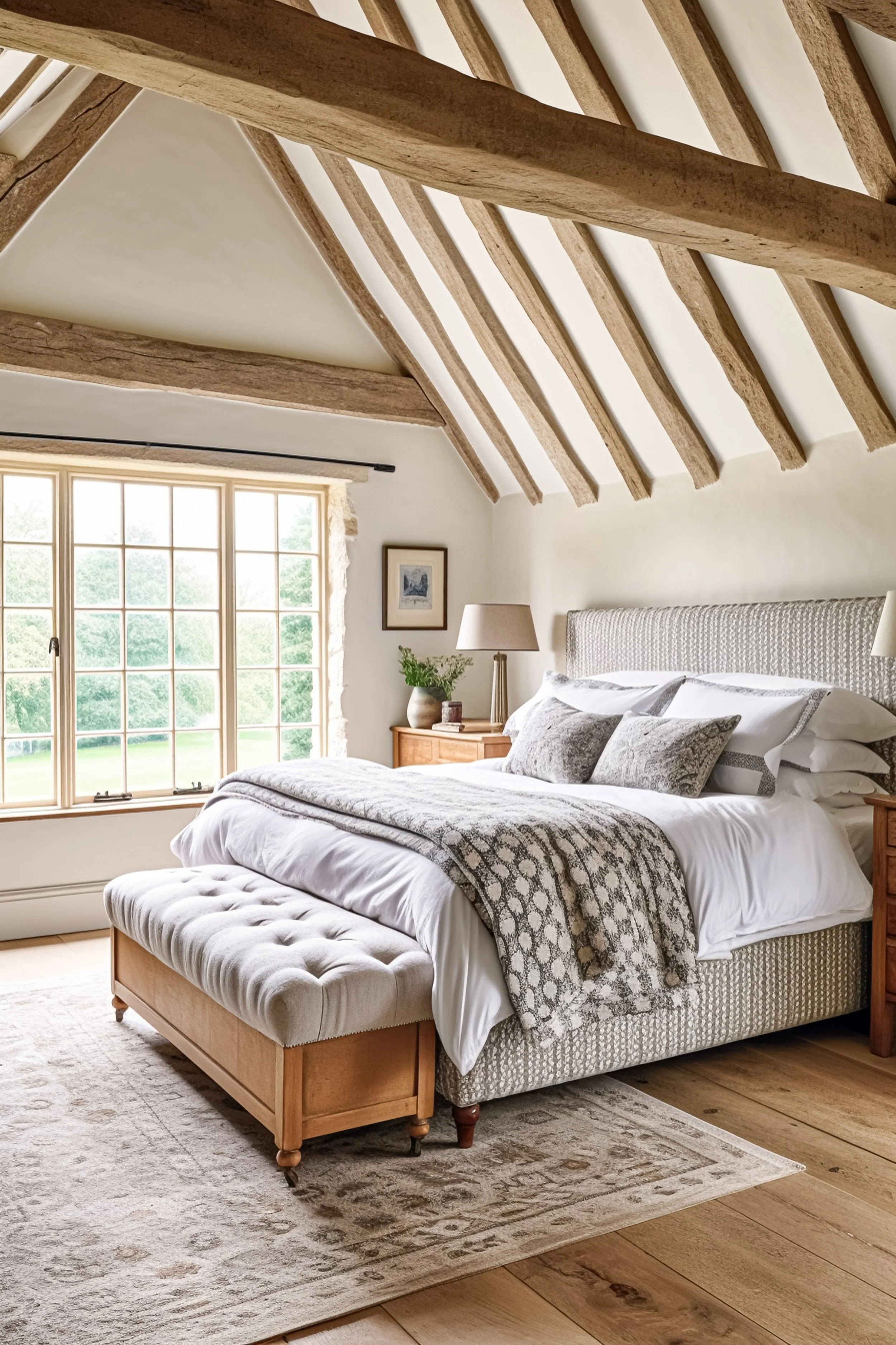 Rustic bedroom with exposed wooden beams, upholstered bed with patterned bedding, tufted bench, wooden nightstands, large window, and area rug.