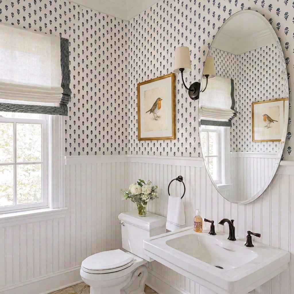 Bathroom with a white toilet, a floral arrangement on the toilet tank, a large oval mirror above a white sink with dark fixtures, wallpaper with small black plant patterns, a window with a white shade, framed bird artwork on the wall, and a wall-mounted light fixture.