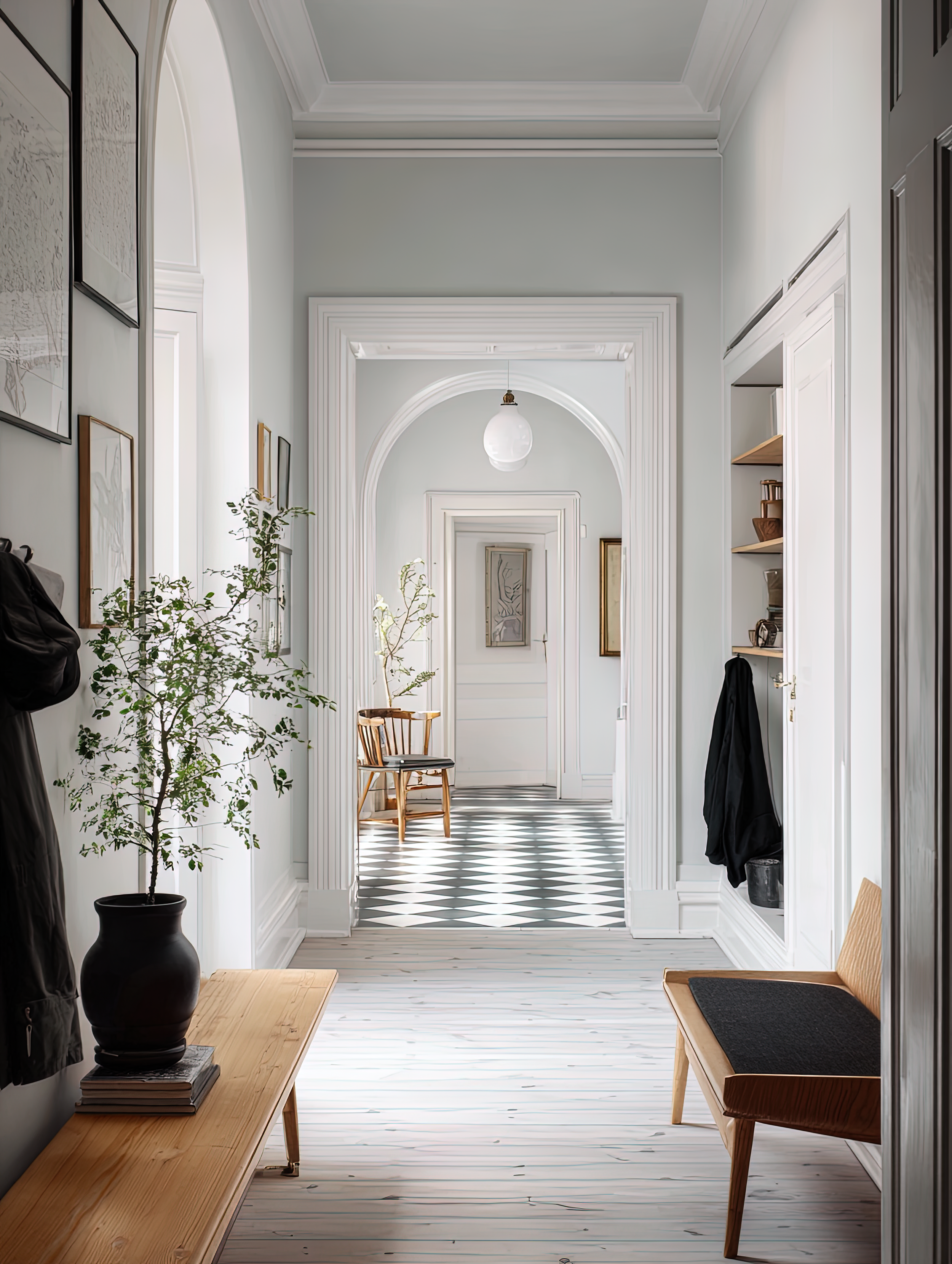 Bright hallway with white walls, black and white checkered floor, and wooden benches on each side. Potted plant and framed artwork decorate the space. An arched doorway with layered molding leads to another room with a hanging white light fixture.