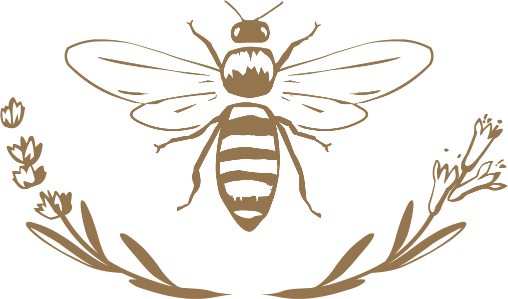 Illustration of a bee with detailed wings and body, surrounded by simple plant motifs on a black background.