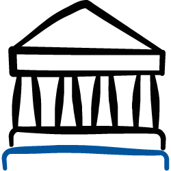 Outline of a house with a roof, walls, and a foundation, over a blue curved line.