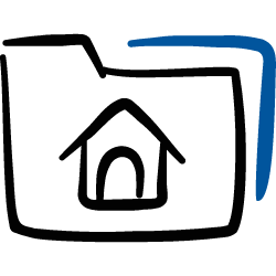 A simple line drawing of a house with a pointed roof inside a house-shaped outline, with a blue check mark next to it.