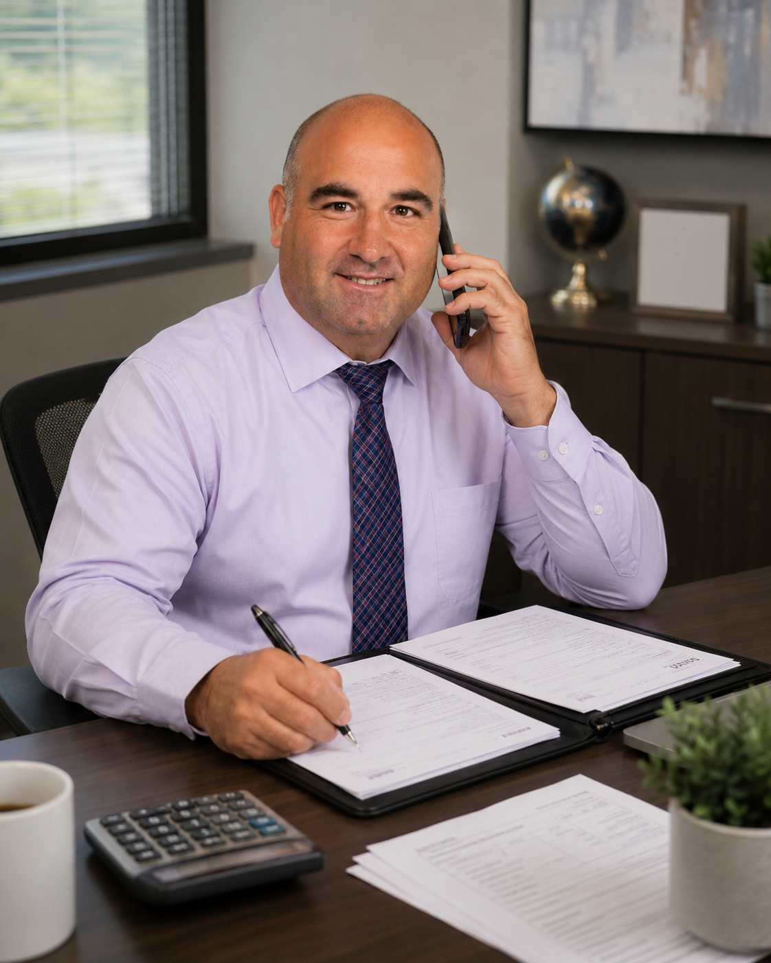 A man in a light purple dress shirt and patterned tie sits at a desk, talking on the phone, with paperwork, a calculator, and a coffee mug in front of him in an office setting.