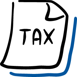 A graphic illustration of a package with the word 'TAX' on it, with a blue curved arrow pointing upward.