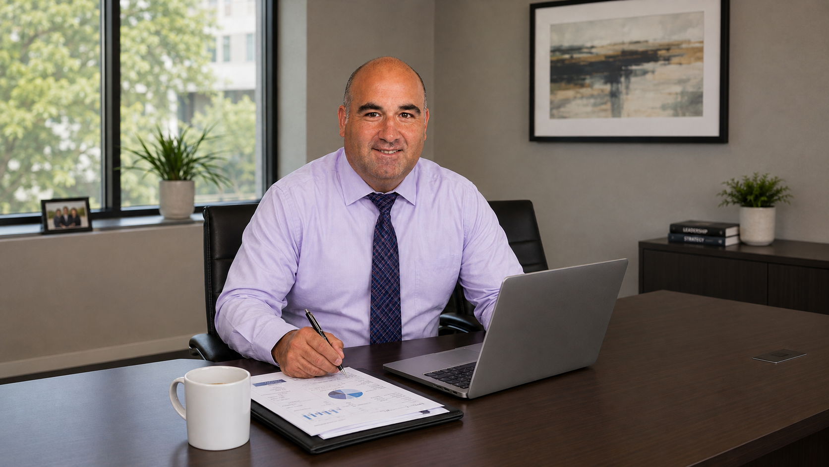 A middle-aged man in a purple dress shirt and tie sitting at a conference table with a laptop, paperwork, and a mug, smiling at the camera in an office with large windows, plants, and framed artwork.