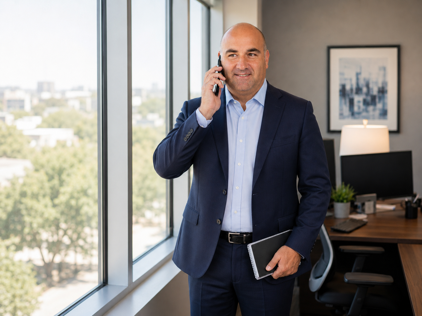A man in a dark suit talking on a phone inside an office, holding a notebook, with large windows and a view of trees outside.