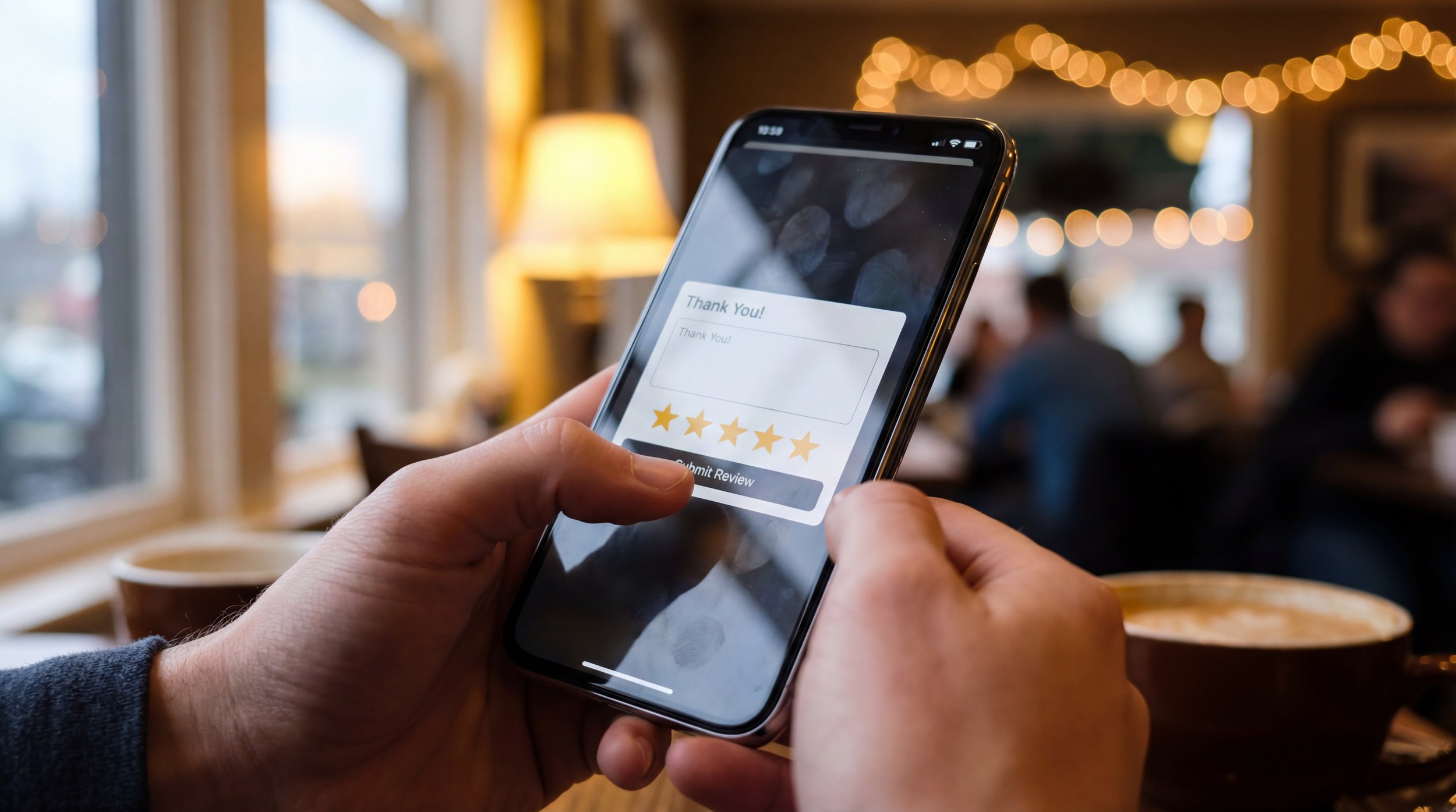 Person holding a smartphone with a thank you review and five-star rating on the screen, in a cozy cafe with warm lighting and blurred background of people and fairy lights.