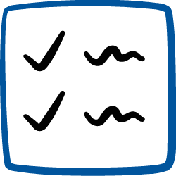 Black chalkboard with blue border and checkmarks