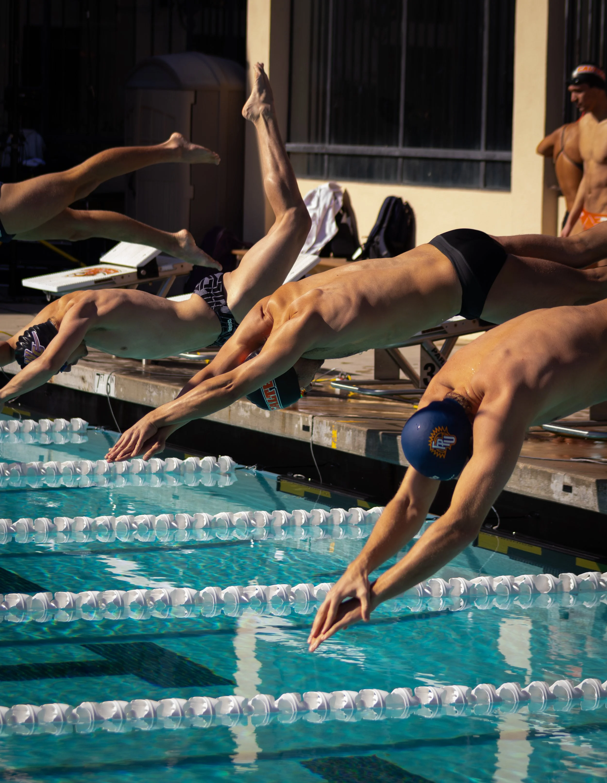 Swimmers diving into the pool at the start of a race during a competitive swimming event, with coaches and spectators in the background.