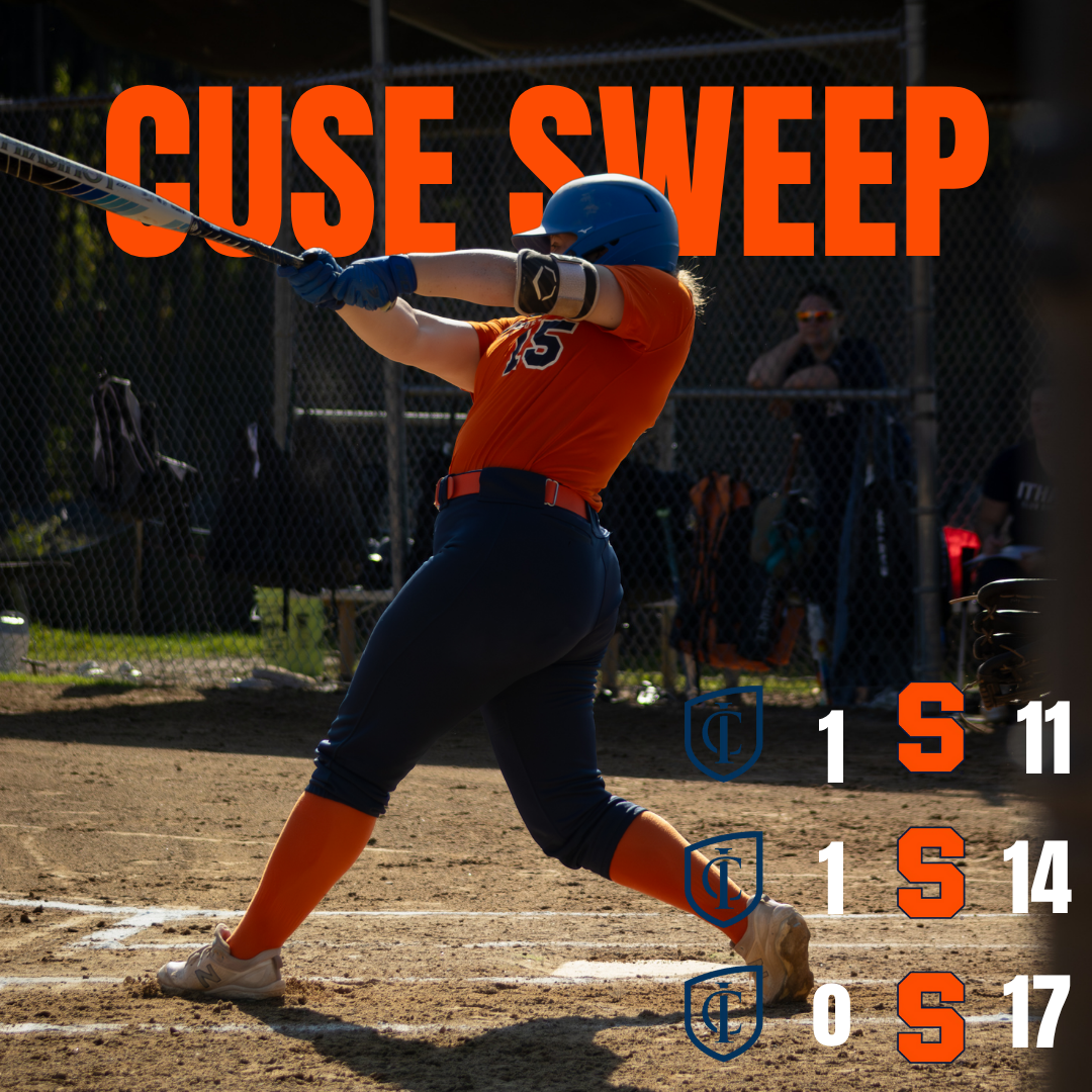 Softball player in an orange jersey and blue pants swinging a bat during a game with a chain-link fence and spectators in the background, and the text "CUSE SWEEP" overlaid.