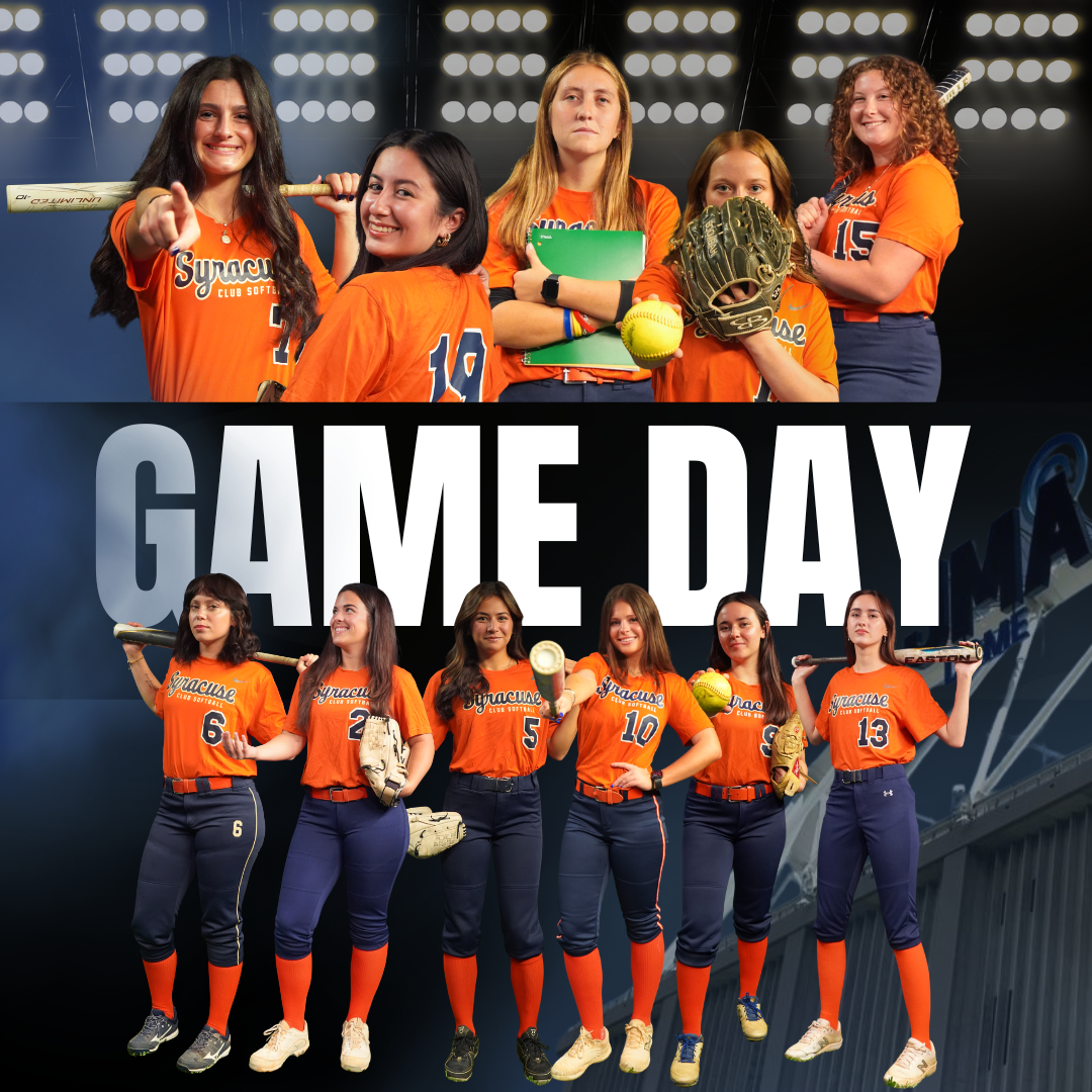 Collage of two softball teams wearing orange jerseys with "Syracuse" logo, holding bats, gloves, and softball equipment, with large text reading "GAME DAY" and a baseball stadium in the background.