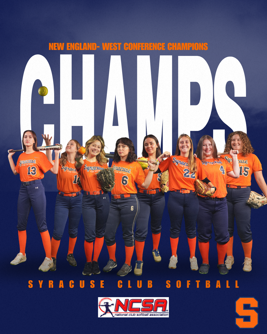 A girls' softball team from Syracuse University standing together, wearing orange and navy uniforms, holding softball equipment, celebrating their championship win, with a backdrop announcing they are New England-West Conference Champions, and an NCA