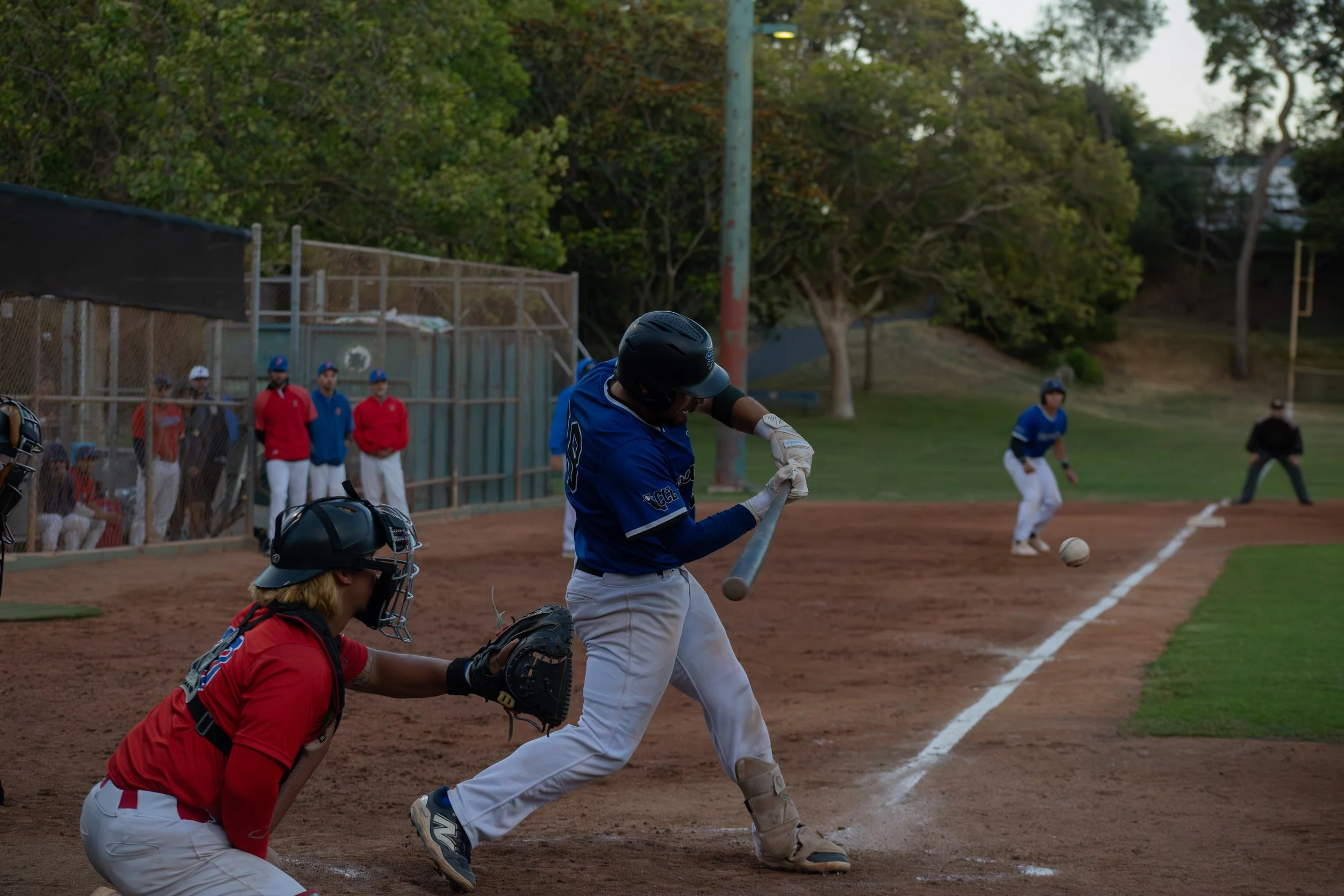 A baseball game in progress with a batter, catcher, and umpire near home plate, players in the background, and trees and field in the distance.